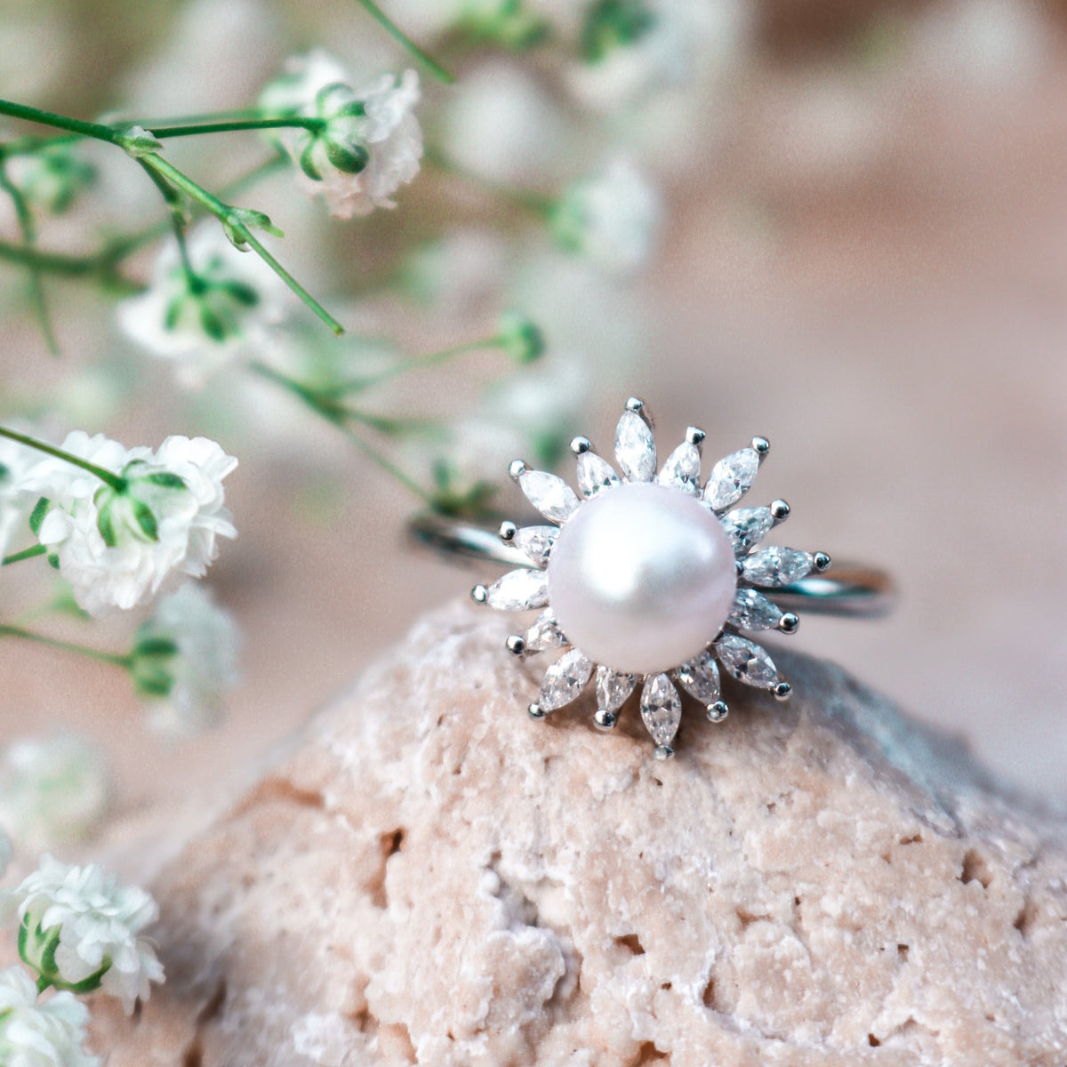 925 Sterling Silver Floral Pearl Spinner Ring