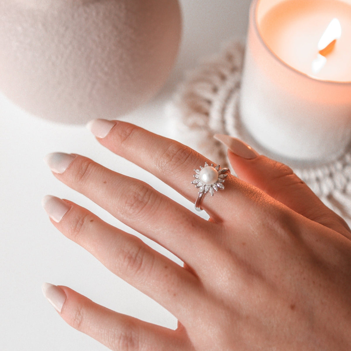925 Sterling Silver Floral Pearl Spinner Ring